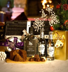 Dry Gin Celebration Hamper containing Dry Gin 35cl, Sloe Port Fruit Cake, 2 x 200ml Skinny Yorkshire Tonics and Belgian Chocolates